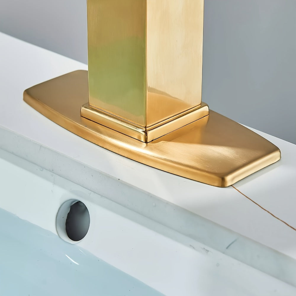 Waterfall Bathroom Sink Faucet, Single Hole or 3-Hole Mixer Tap with 6" Deck Plate, Ceramic Valve, Vanity Faucet for Farmhouse RV Bathroom, Brushed Gold Matte Black Nickel Chrome