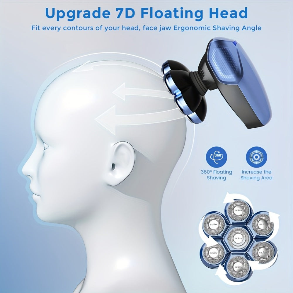 7D Head Shaver Bald Men 5-in-1 Waterproof Wet Dry Electric Razor – Type-C Rechargeable 6500-7500RPM Rotary Grooming Kit with Nose Hair Trimmer for Home & Travel, Perfect Gift for Men