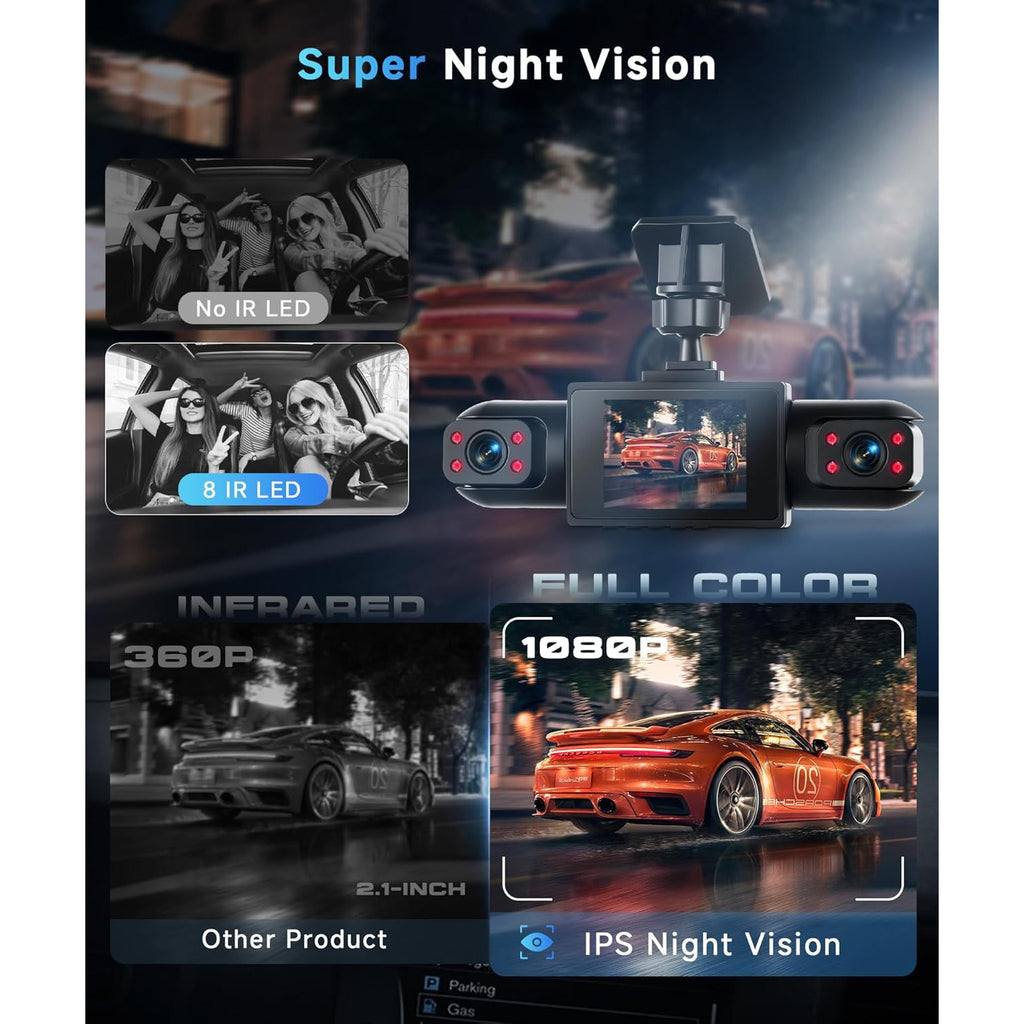 4-Channel Front/Rear/Left/Right, 2-inch IPS Screen, Dual Lens Camera Dash Cam 1080P, Suitable for Cars, Night Vision, Loop Recording, 24-Hour Parking Monitoring with G-Sensor/Motion Detection, Optional 64GB Memory Card, Vehicle Security Camera