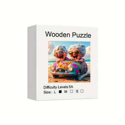 Irregular Shaped Wooden Jigsaw Puzzle Happy Old Lady – Unique Animal Shape Wood Puzzle for Adults, Whimsical Modern Art Home Decor, Special Birthday Christmas Holiday Gift for Women Friends Family (S & L Sizes)