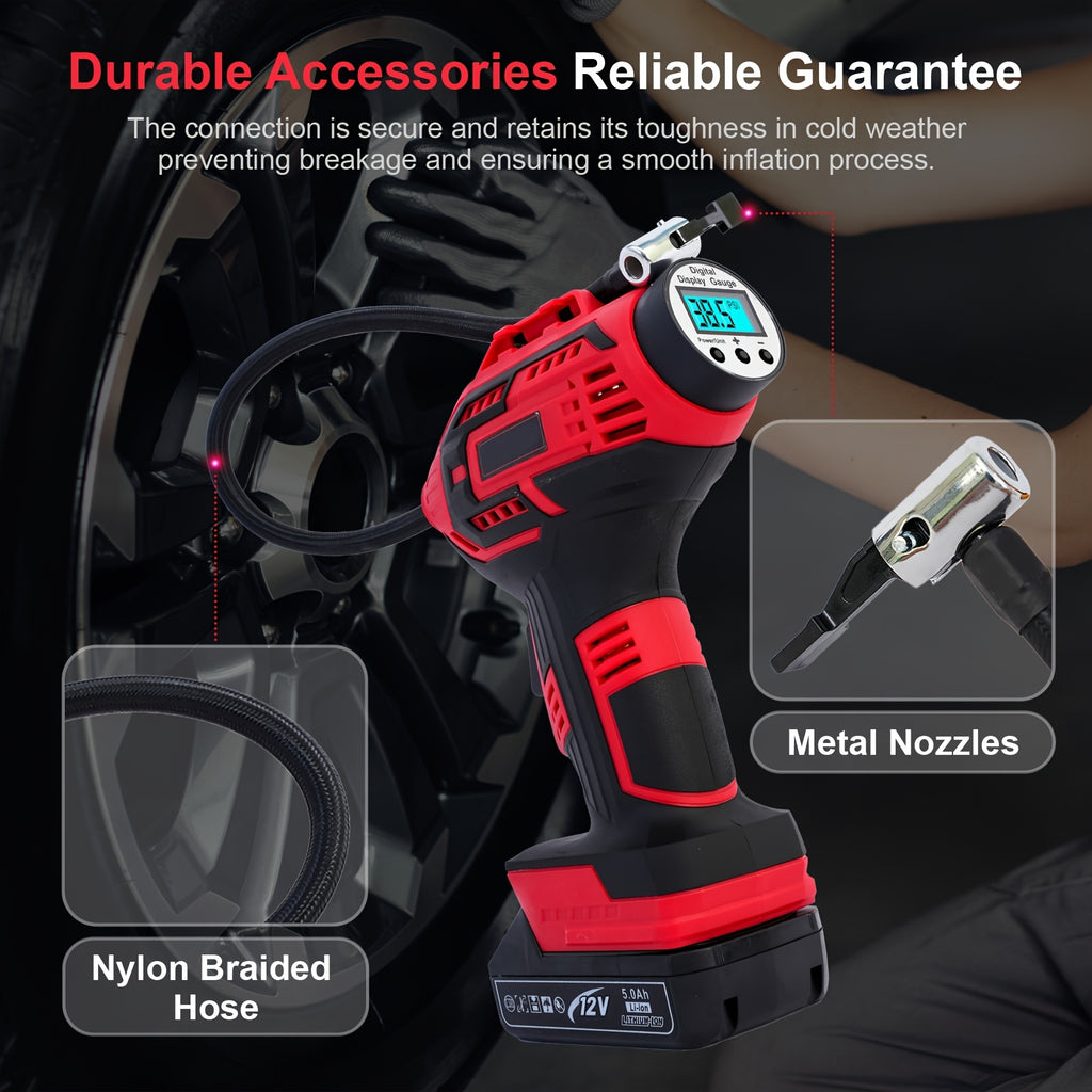 20V Portable Car Tire Inflator Pump, Air Compressor with 12V Car Adapter, Digital Display, Blow Mold Case, Suitable for Car, Motorcycle, Bicycle Tires, And Balls, Red And Yellow