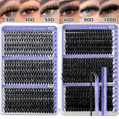 Premade Lash Clusters 708Pcs Mixed Length 30D 50D 80D 100D Wispy Volume Kit – Natural Fluffy DIY Lash Extensions with Bond Seal & Applicator for Everyday, Party, Travel & Event Looks