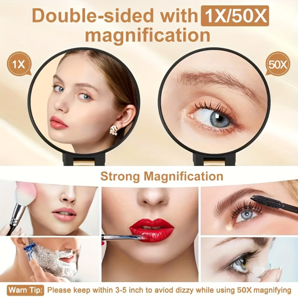 50X Magnifying Makeup Mirror Double Sided Handheld - 1X/50X Zoom Portable Compact Mirror with 360° Rotating Handle, Desktop Hanging & Handheld Use, Precision Beauty Mirror for Women, Black & White