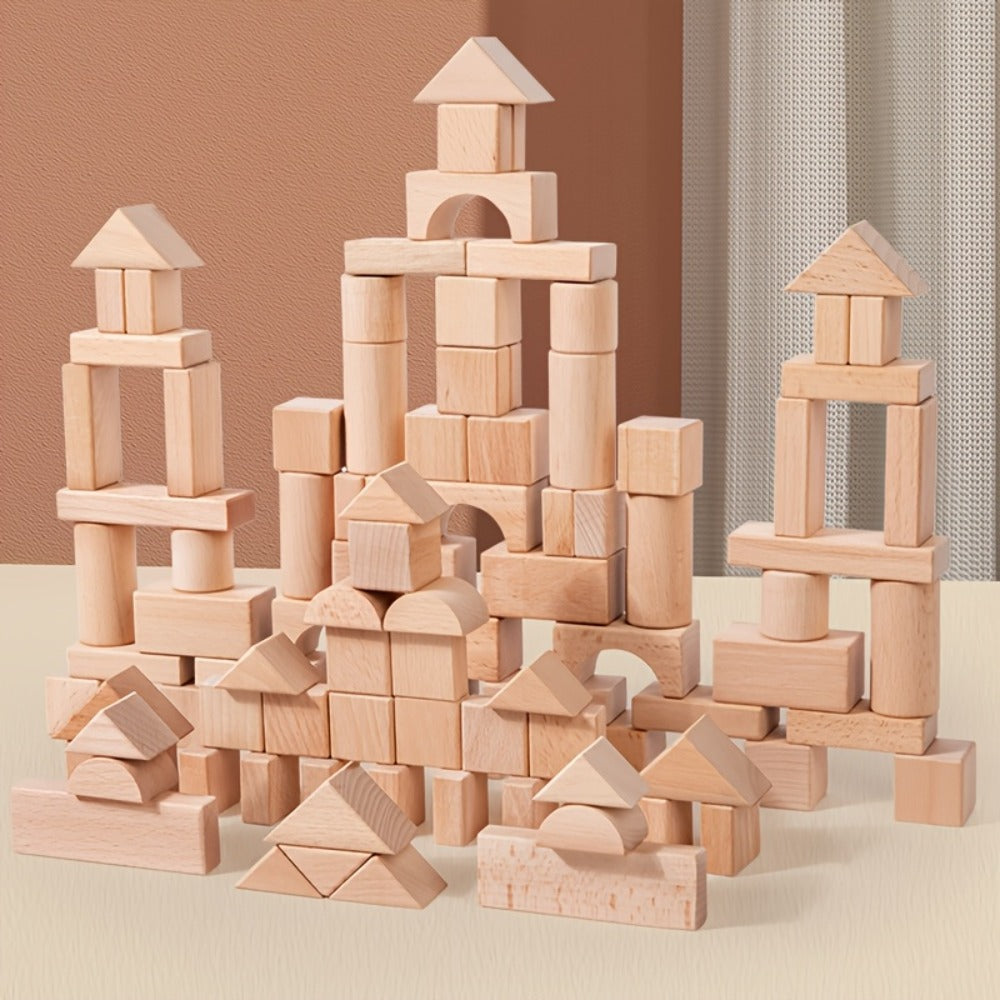 Natural Beech Wood Blocks 100 Piece Unpainted Solid Wooden Building Set – STEM Logical Thinking Toy for Kids Ages 3-12, Castle Stacking Sorting Educational Gift for Boys & Girls