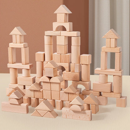 Natural Beech Wood Blocks 100 Piece Unpainted Solid Wooden Building Set – STEM Logical Thinking Toy for Kids Ages 3-12, Castle Stacking Sorting Educational Gift for Boys & Girls
