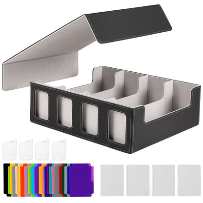 Magnetic Card Storage Box 1200+ Cards with Display Window – 24 Color Dividers 4 Sleeves Grid Boards, Trading Card Organizer for Pokemon MTG Sports YuGiOh TCG, Blue Red Gray Purple