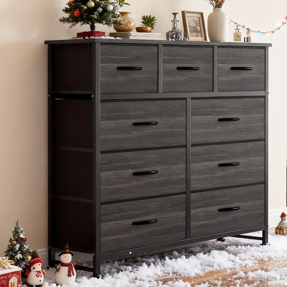 Dresser, Fabric 9 Drawer Tall Chest Organizer with Steel Frame & Wood Top, Easy-Pull Bin shown in the main product view