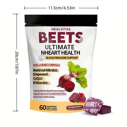 Super Beet Chewable Gummies with CoQ10 Grape Seed Extract & B Vitamins — 4-in-1 Blood Pressure Heart Health Circulation & Energy Support for Women and Men | 60 120 or 180 Count