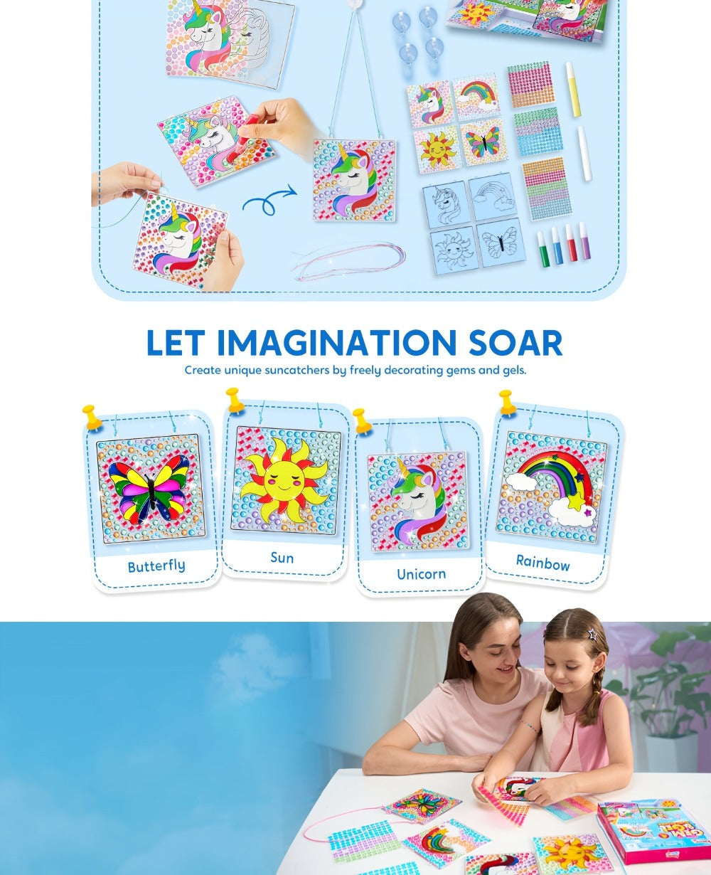Suncatcher Painting Kit 4pcs for Kids – 2-in-1 Window Art with Gem Stickers & Paint Pens, Butterfly Unicorn Rainbow Sun Designs, Arts Crafts Activity for Girls Boys Ages 6+ Birthday Christmas Gift