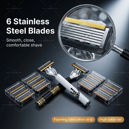 Luxury Men's Razor Set 6-Layer Blades — 2 Ergonomic Anti-Slip Handles & 72 Replaceable Blades, Precision Manual Shaving Kit, Christmas & Valentine's Day Gift for Men
