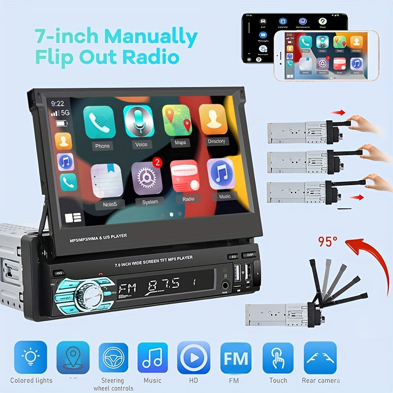 Podofo Wireless Carplayer Single Din Car Stereo 7 Inch HD Flip Out Touchscreen with Wireless Car Player Android Auto, Wireless, Type-C/USB/TF/AUX, SWC, FM, Voice Control, Backup Camera