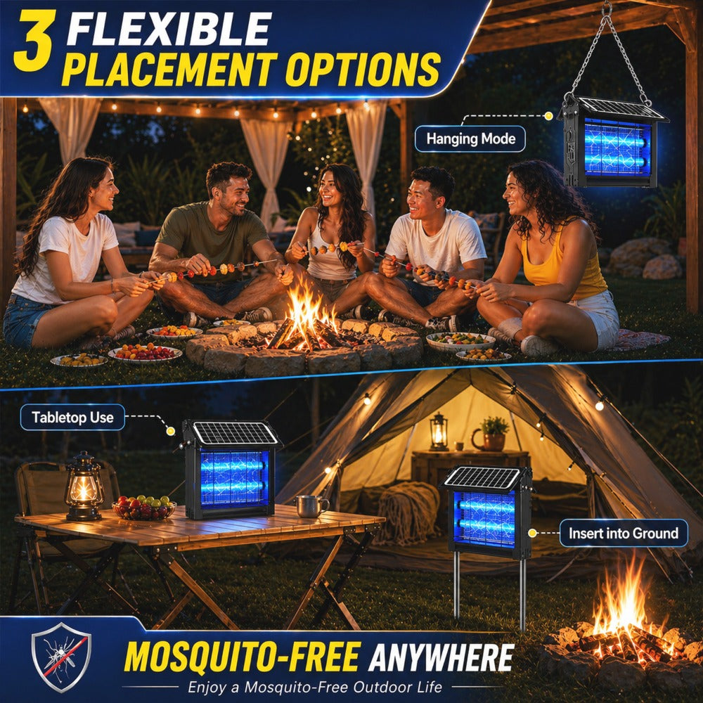 Solar Bug Zapper Outdoor – 4500V Electric Mosquito Killer with Dual Solar Panels & USB Charging, Auto On/Off Light Sensor, IPX4 Waterproof Insect Trap for Patio, Backyard, Garden & Camping