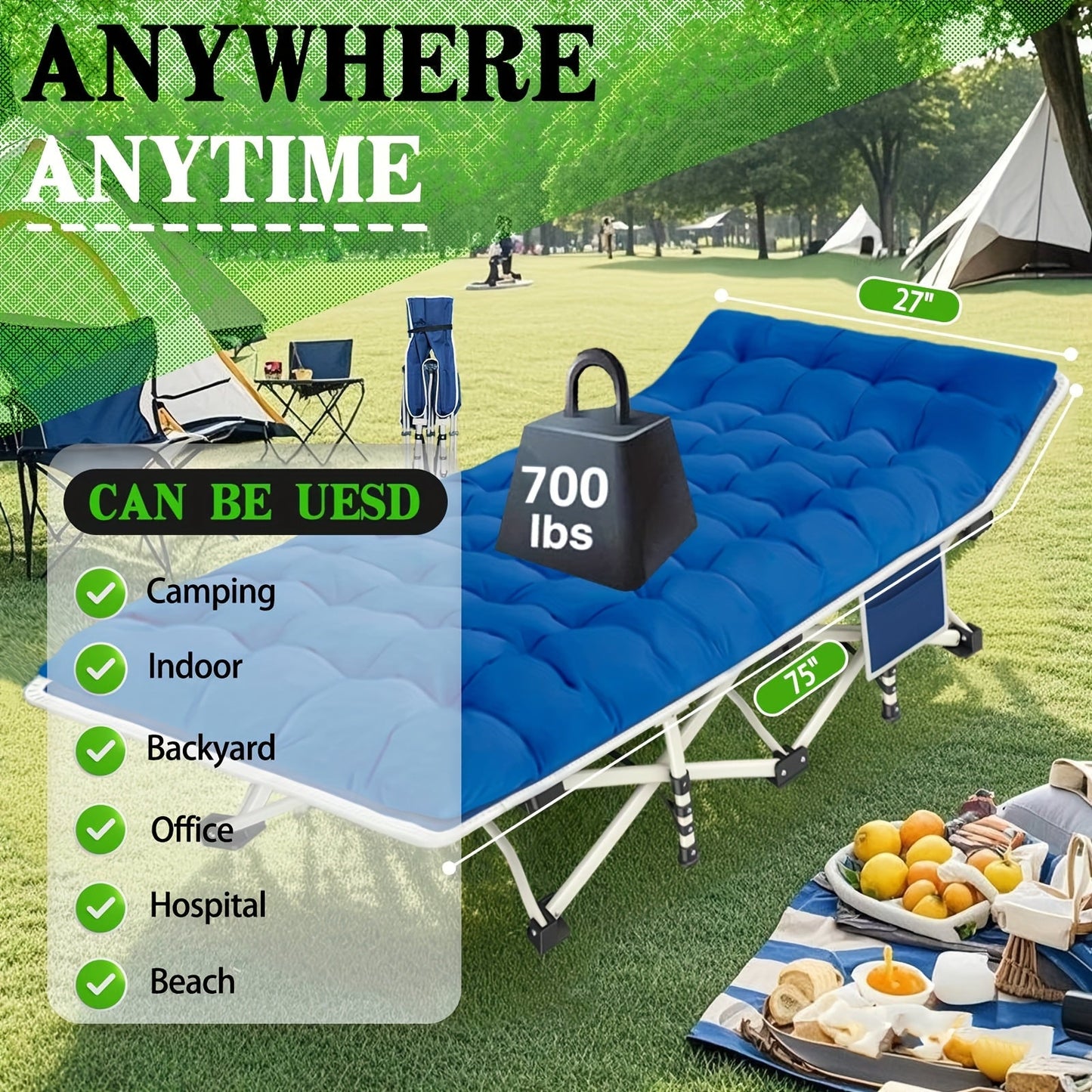 Folding Camping Cot with Mattress – XXL Heavy Duty Portable Sleeping Bed with Carry Bag, 700–900 lbs Capacity, 36×80 Inch Pad, Guest Bed for Adults, Easy Setup for Outdoor Camping Travel Backpacking
