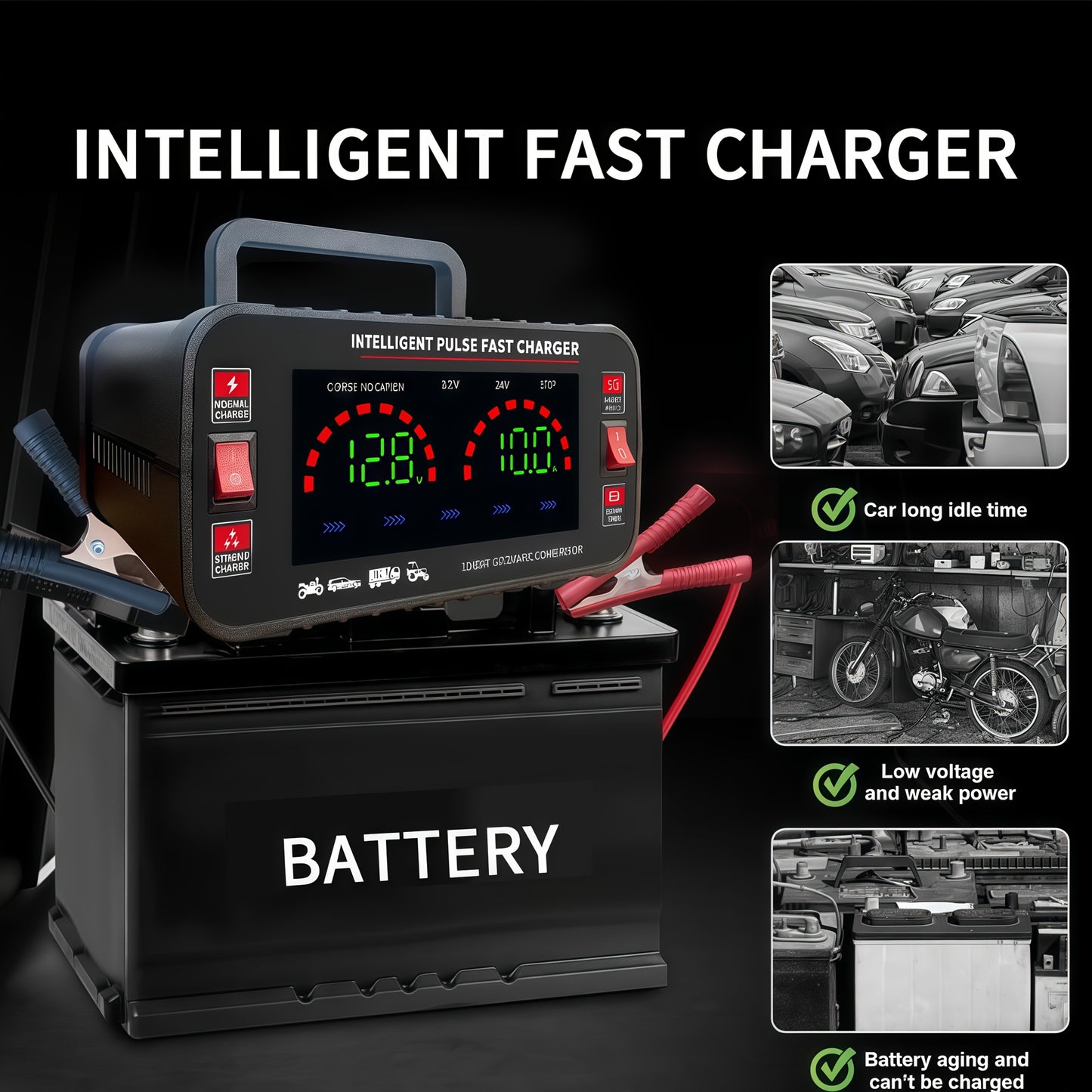 12V/24V Portable Car Battery Charger with LCD Display, US Plug, 100-240V Power Input, Fast Charging, Overcharge Protection, Suitable for Cars, Trucks, RVs, Motorcycles, Lead-Acid Batteries, Battery Not Included, Preferred Gift for Easter/Valentine's