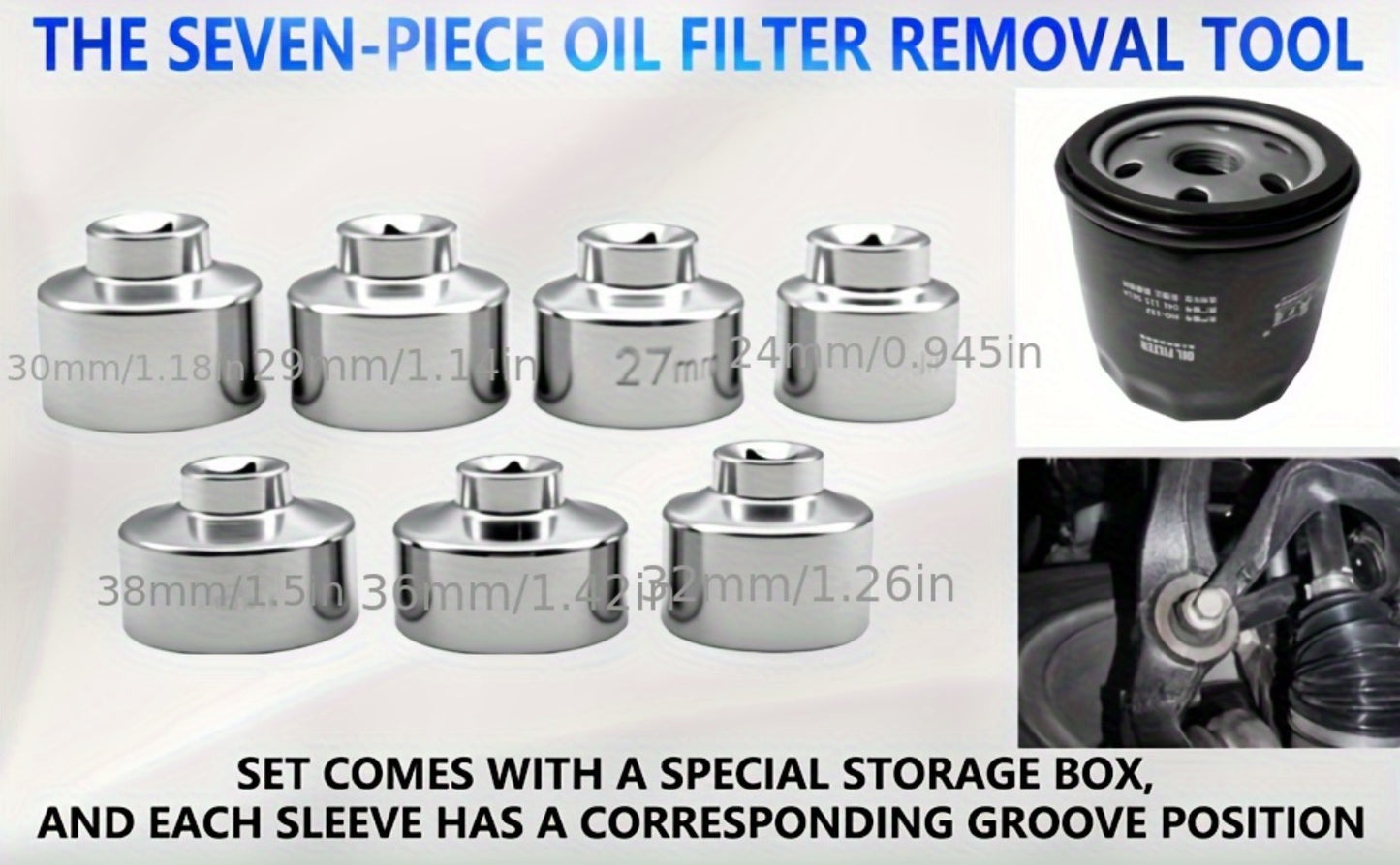 7-Piece Oil Filter Wrench Socket Set – CR-V Steel Hexagonal Cap Wrenches 24mm to 38mm, 3/8-Inch Drive, Universal Fit for Car Oil Filter Removal & Replacement