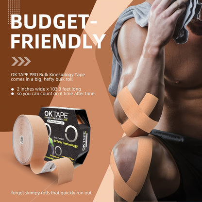 Bulk Kinesiology Tape Roll 2 Inch x 103 Feet Beige - Elastic Latex Free Athletic Therapeutic Tape for Sports, Muscle Support, Injury Recovery, Pre-Cut Printed, Long-Lasting Adhesive Kinesio Tape
