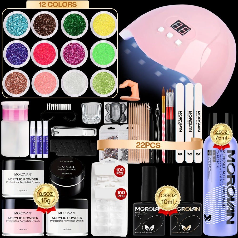 Acrylic Nail Kit with Lamp 12 Glitter Colors Pink Clear White Acrylic Powder Nail Clippers Polish Complete All-in-One Manicure Set for Nail Technicians Beginners