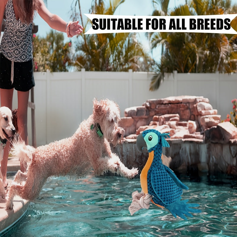 Squeaky Dog Toy Plush Parrot with Rope Interactive Chew Toy Soft Durable Stuffed Animal for Teething Puppies Small Medium Large Dogs All Breeds