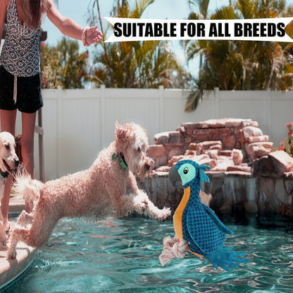 Squeaky Dog Toy Plush Parrot with Rope Interactive Chew Toy Soft Durable Stuffed Animal for Teething Puppies Small Medium Large Dogs All Breeds
