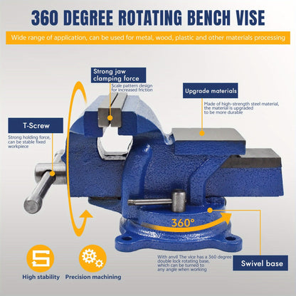 Bench Vise 5-Inch 360-Degree Swivel Base – Heavy-Duty Cast Iron Tabletop Vise with Pipe Jaws & Anvil, Locking Mechanics Clamp for Woodworking, Metalworking, Soldering & DIY