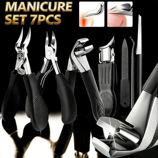 Ingrown Toenail Clipper Kit 7 Piece Professional Pedicure Set with Curved Blade Angled Head Nail File Cuticle Nipper Dead Skin Remover for Thick Toenails Men Women Elderly
