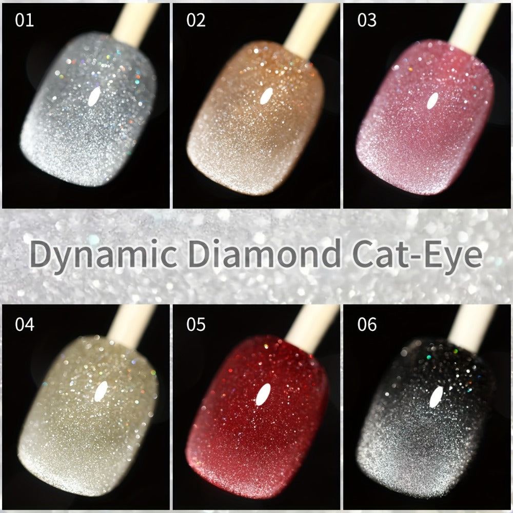 Cat Eye Magnetic Gel Nail Polish Set 6 Colors - Sparkling Stars Dynamic Rhinestone UV LED Soak Off Long Lasting Photo Frame Bottle Nail Art Kit for Women Home Salon