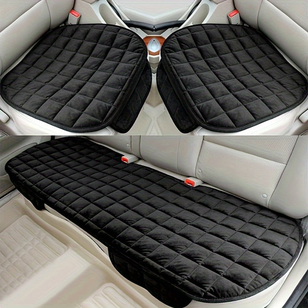 Car Seat Cushions Plush Plaid 3pcs Set – Thickened Cold-Resistant Comfort Pad, Universal Fit for Cars SUVs Trucks, Insulated Non-Slip Seat Cover Cushion