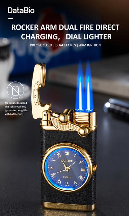 Vintage Rocker Butane Lighter Blue Double Flame Windproof - Multi-Function Dial, Adjustable Flame, Indoor & Outdoor | Gift for Dad & Boyfriend | Butane Not Included