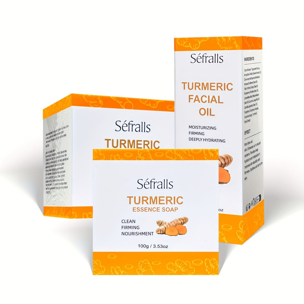 Turmeric Skincare Set 3 Pcs - Turmeric Face Cream, Facial Soap & Essential Oil Kit for Deep Pore Cleansing, Brightening & Moisturizing, Oil Control Skin Care Gift Set for Women & Men