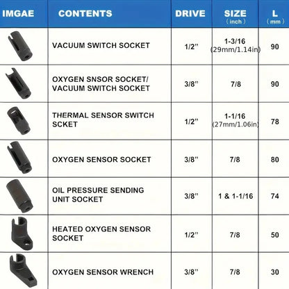 Oxygen Sensor Socket Set – Professional Removal & Installation Tool Kit for All Vehicles, Universal 22mm Slotted Design, Multiple Drive Sizes, Mechanic-Grade Auto Repair Socket Wrench