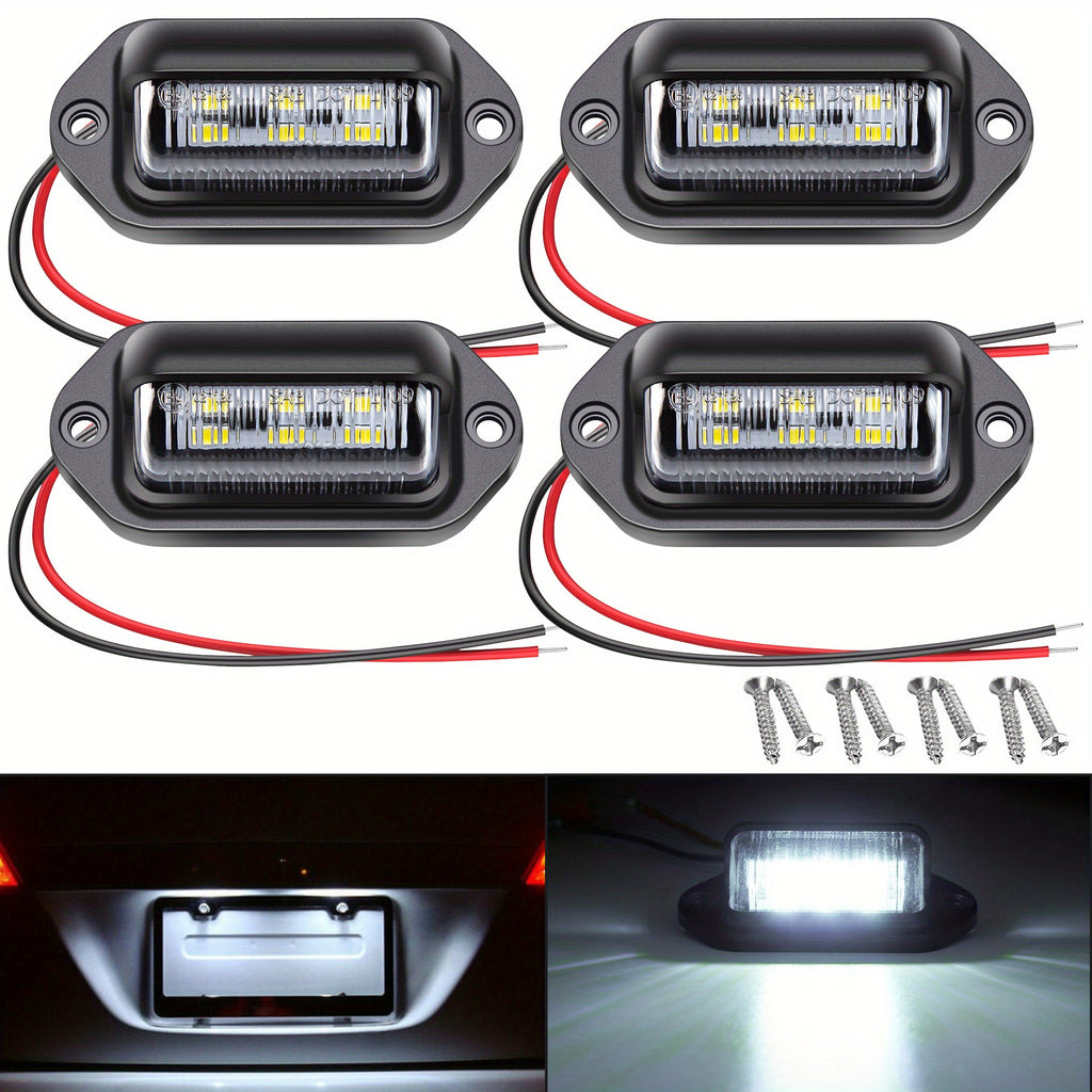 4pcs 6 LED License Plate Lights, 12V-24V, Durable PVC, Easy Installation with Pre-Drilled Holes And Mounting Screws Included-Suitable for Cars, Trucks, Trailers, Motorcycles, Boats, RVs, License Plate Illumination|Clear Lens LED|Functional Lighting