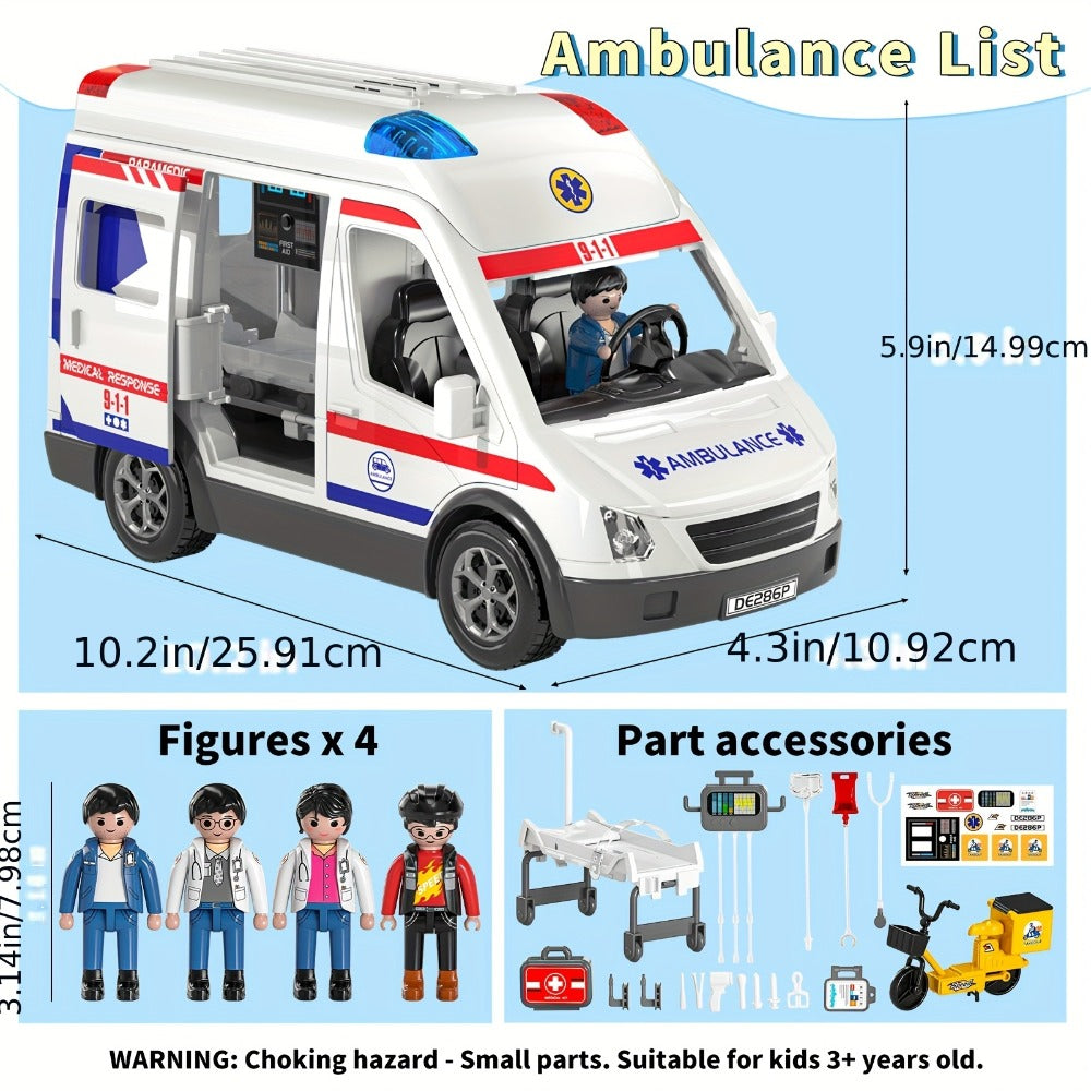 Ambulance Toy Playset for Kids Ages 3-8 – Realistic Friction-Powered Emergency Vehicle with Flashing Lights & Siren Sound, Durable Design, Birthday Holiday Gift for Boys & Girls