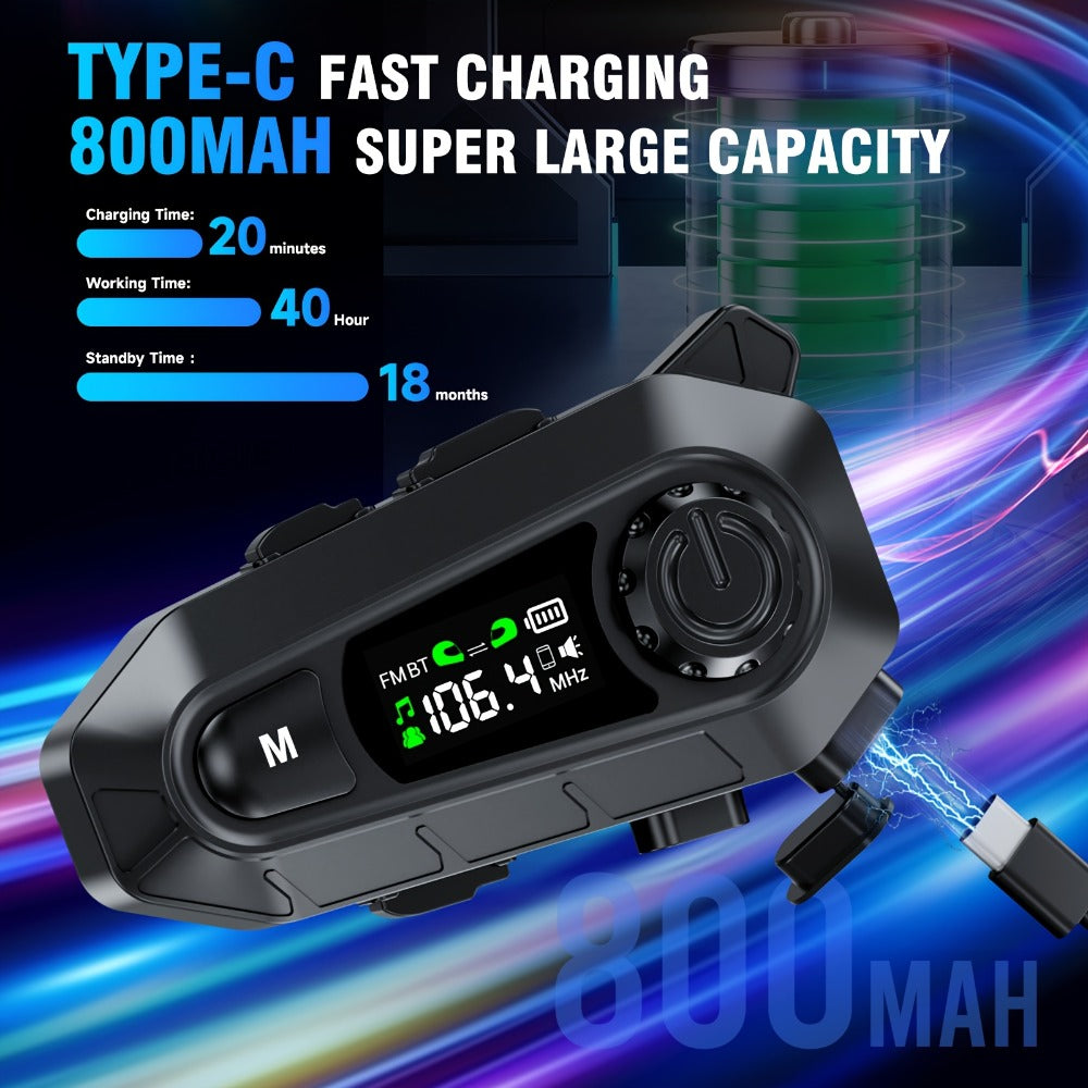Motorcycle Helmet Bluetooth Intercom Headset 500M Range Bluetooth 5.3 LED Display Noise Cancelling Voice Control FM Radio Music Sharing for Off-Road Riding