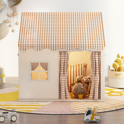 Kids Cabin Style Checked Play Tent – Indoor & Outdoor Polyester Playhouse Tent for Home Decor & Family Fun | Pink, Khaki, Yellow | Holiday Gift & Party Decoration