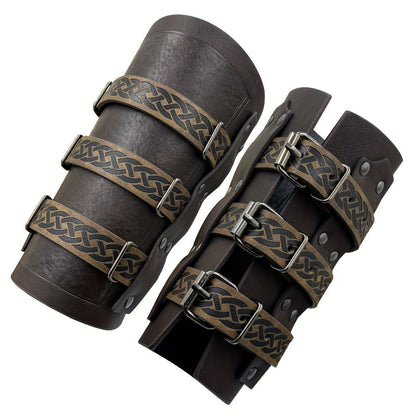 Medieval Faux Leather Bracers Viking Arm Guards – Embossed Renaissance LARP Cosplay Costume Accessory for Halloween, Stage Performance & Photography, Brown & Black, 1pc or 2pcs