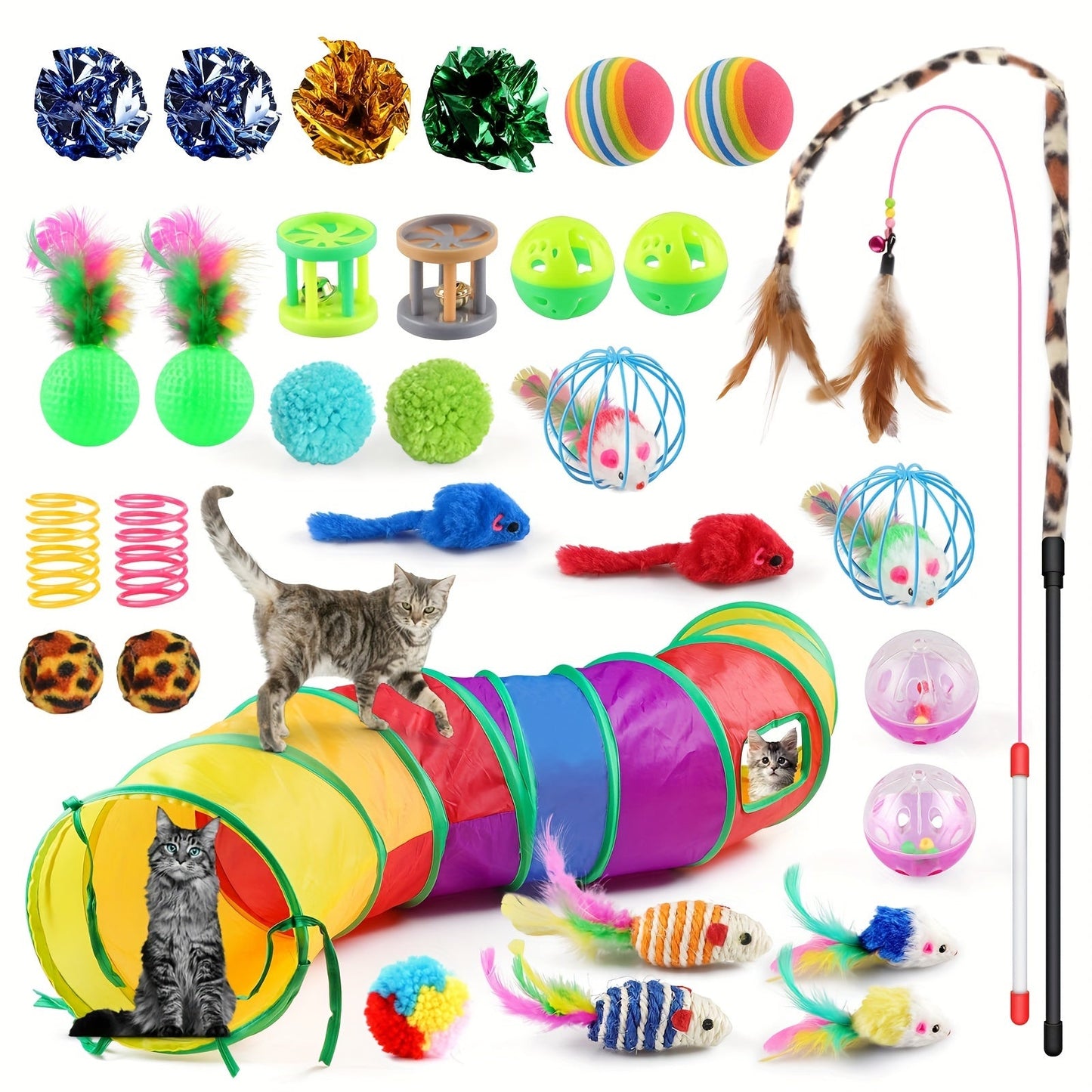 Cat Toys Set 32 Pcs Interactive Kitten Toy Assortment with Rainbow Tunnel, Feather Teaser Wand, Sisal Mice, Bell Balls & Crinkle Balls - Indoor Cat Enrichment Toy Bundle