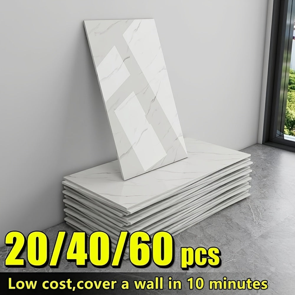 Marble Peel and Stick Wall Panels Self-Adhesive 3D Decorative Tiles - Glossy Marble Sheets for Bathroom Kitchen Living Room - Removable Vinyl Planks White Grey Black Imitation Stone DIY Home Decor