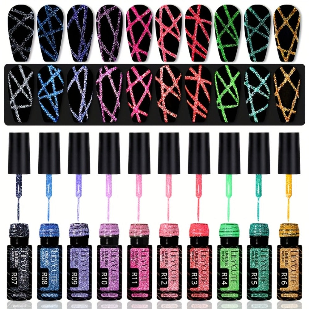 Reflective Glitter Line Gel Nail Polish 9pcs Set – LED Cure Stripe Liner Pull Line Graffiti Sparkling Nail Art Kit for Salon & DIY Home Manicure, 5ml Each Long Lasting Chip Resistant