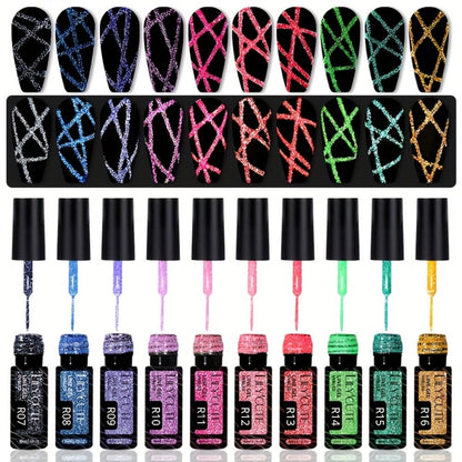 Reflective Glitter Line Gel Nail Polish 9pcs Set – LED Cure Stripe Liner Pull Line Graffiti Sparkling Nail Art Kit for Salon & DIY Home Manicure, 5ml Each Long Lasting Chip Resistant