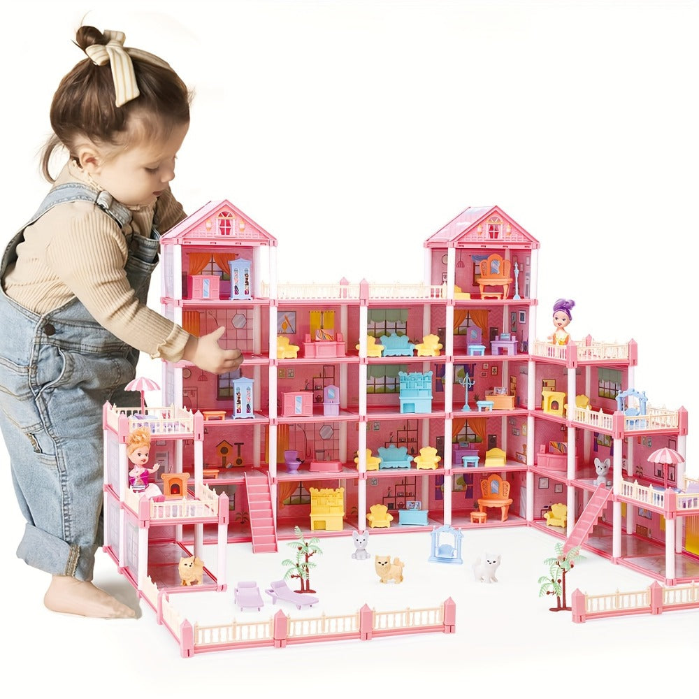 Princess Doll House Castle with Furniture & Accessories – Pink or Blue Mini Villa Playset 14 to 27 Rooms, Imaginative Play Logical Thinking Toy for Girls Ages 3+ Birthday Christmas Gift