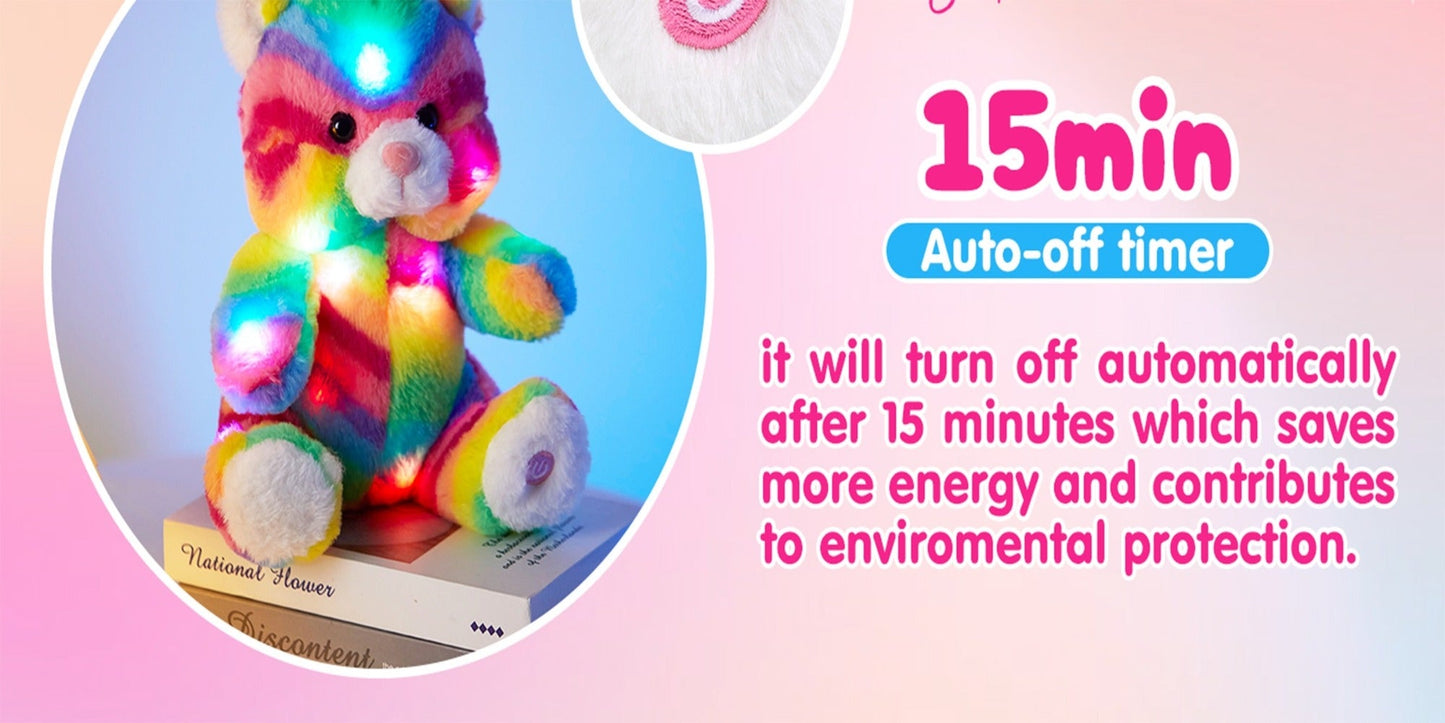 Glow in the Dark Rainbow Cat Plush Toy with Music — Kawaii Glowing Kitty Stuffed Animal Night Light Companion for Kids Girls, Birthday Mother's Day Christmas Valentine Gift for Cat Lovers