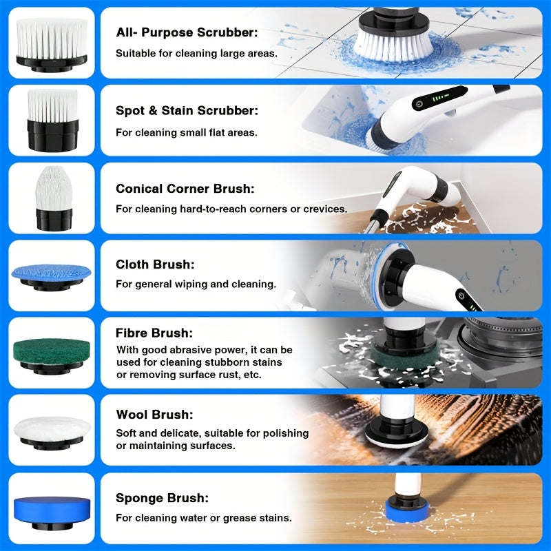 Multifunctional Electric Spin Scrubber Cordless Cleaning Brush, 7-in-1 Cleaning Brush, Adjustable Speeds 7 Replaceable Heads, Dual-speed And Detachable Telescopic Handle, Suitable for Car, Kitchen, Living Room And Bathroom