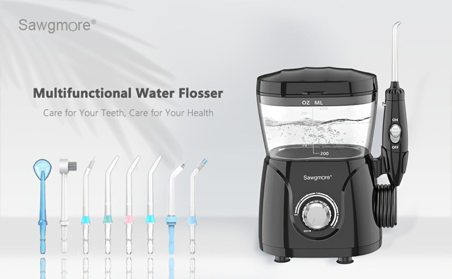 Water Flosser for Teeth & Braces 600ml Large Tank – 10 Adjustable Pressure Levels 8 Nozzles IPX4 Waterproof Professional Oral Irrigator Desktop Electric Dental Flosser for Adults Family
