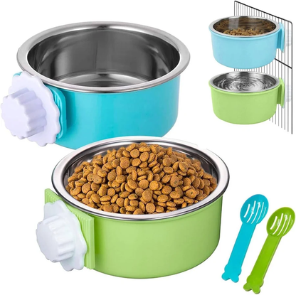 Stainless Steel Cage Bowl Set 2-Pack – Hanging Pet Feeder & Water Bowl for Dogs, Cats, Birds & Small Animals, Easy Install Crate Bowl with Cleaning Kit