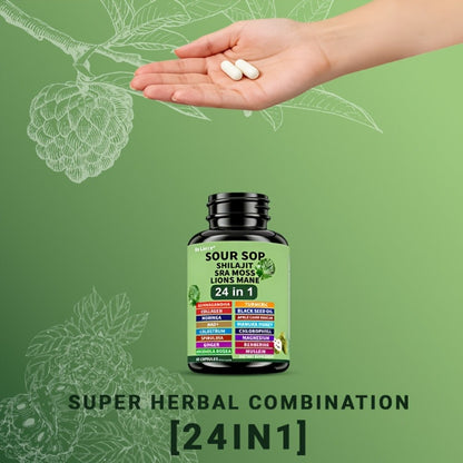 Sea Moss Capsules 24-in-1 with Soursop, Lion's Mane, Shilajit & 20 More Superfoods — Gut Health, Immune Support, Brain & Antioxidant Defense Formula for Women & Men
