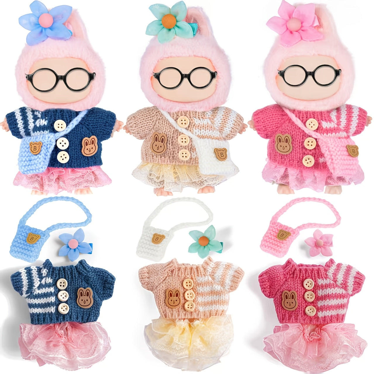 Labubu Doll Clothes 3 Sets Knit Tops Bubble Tulle Skirts Floral Hair Clips Bags for 17cm Plush Dolls Fashion Outfit Gift for Girls Kids Ages 3+ Birthday Christmas