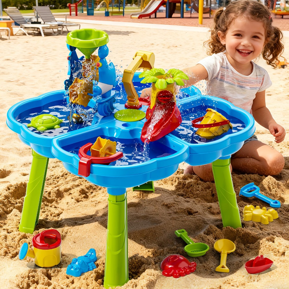 4-in-1 Sand & Water Table for Toddlers & Kids – Outdoor Sensory Play Sandbox Activity Table with Beach Toys, Summer Holiday Backyard Toy for Ages 2+, Accessories Color Random