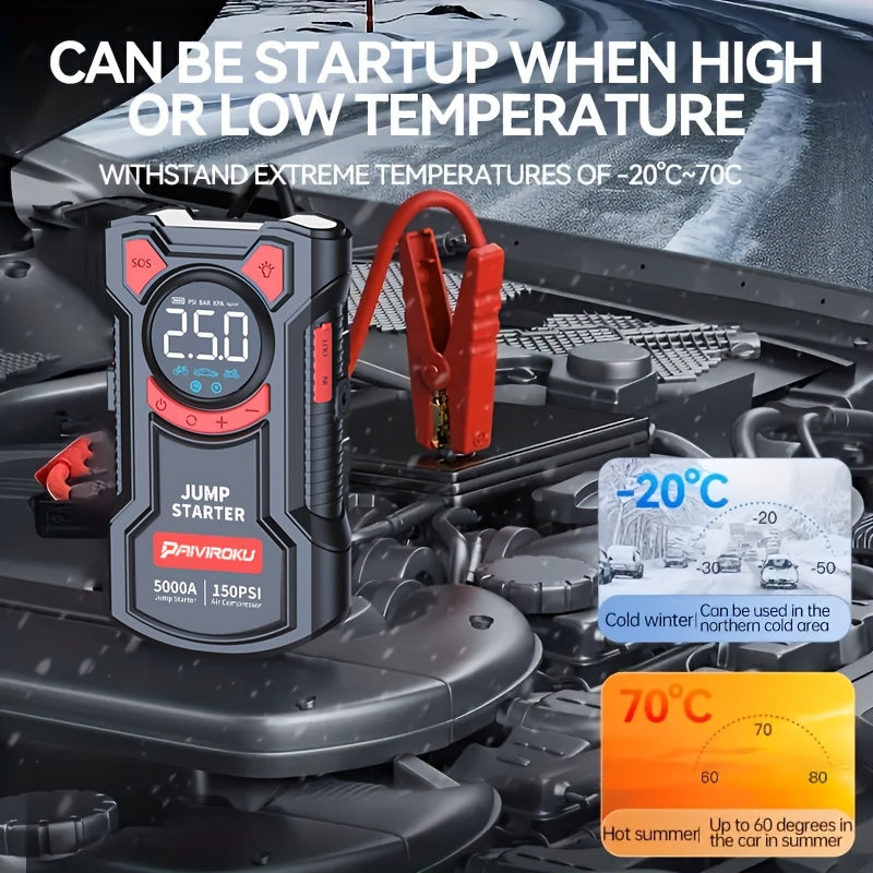 Jump Starter with Air Compressor, 150 PSI Car Air Compressor & 5000A Peak Car Jump Starter (2.64 Gallons Of Gasoline, 2.38 Gallons Of Diesel) with LED Light, Power Bank Function.