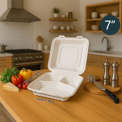Disposable Food Containers Take Out Boxes with Lids - 7" 8" 9" Plastic Clamshell Meal Prep Containers BPA Free 1 & 3 Compartment Heavy Duty Reusable White