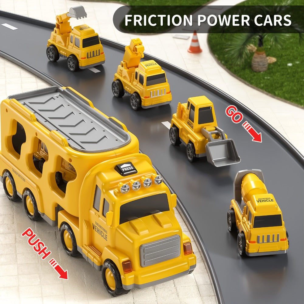 Construction Carrier Truck Toy Set for Kids Ages 3-7 – Large Transport Truck with 4 Mini Engineering Vehicles Excavator Crane Cement Mixer Bulldozer Friction Powered Yellow Gift Boys Girls